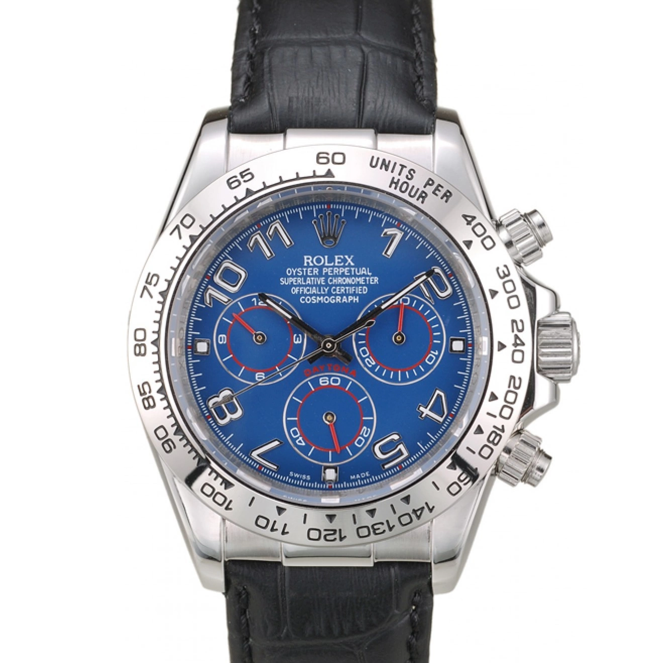 Best AAA Replica Sites Case Stainless Leather Steel Rolex Blue Daytona Dial Black Strap 0518